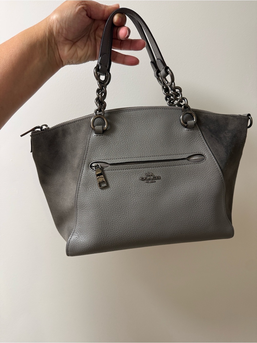 Coach Gray Pebbled Leather Shoulder Tote with Chain Handles